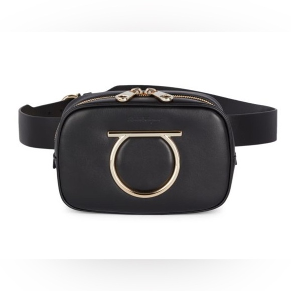 Salvatore Ferragamo Handbags - Salvatore Ferragamo Black Leather and Goldtone Logo Belt Bag